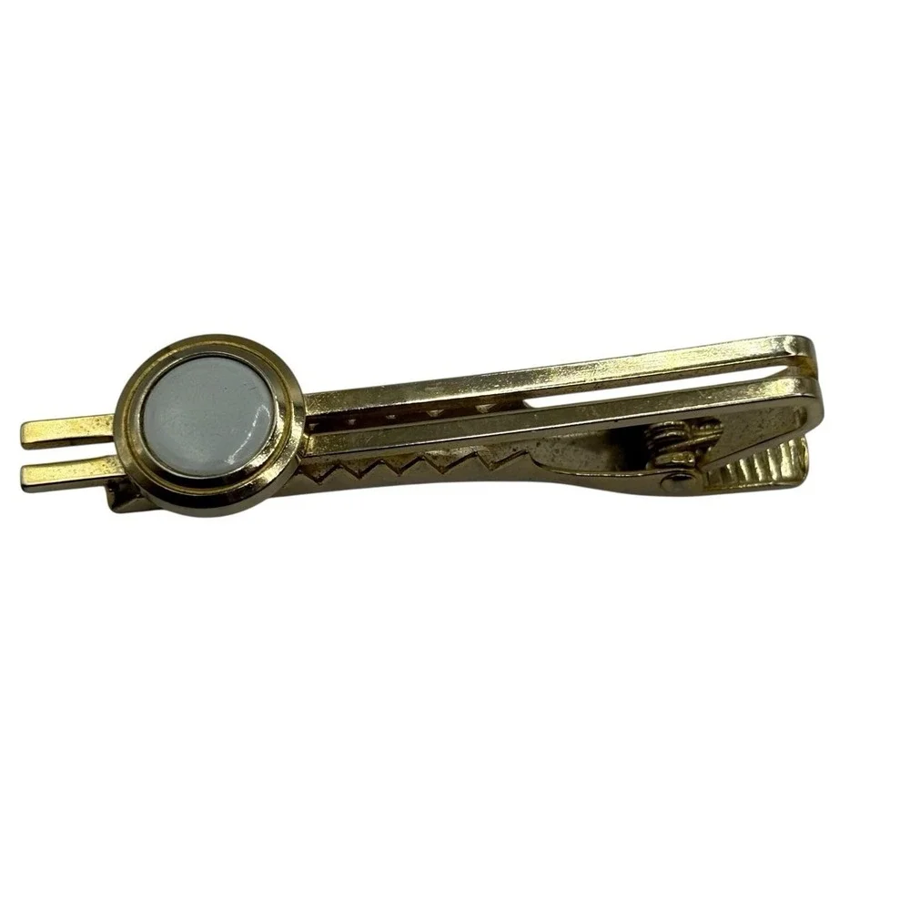 Tie Clip Bar Gold Tone White Enamel Round Open Lines Classic VTG Minimalist Mens